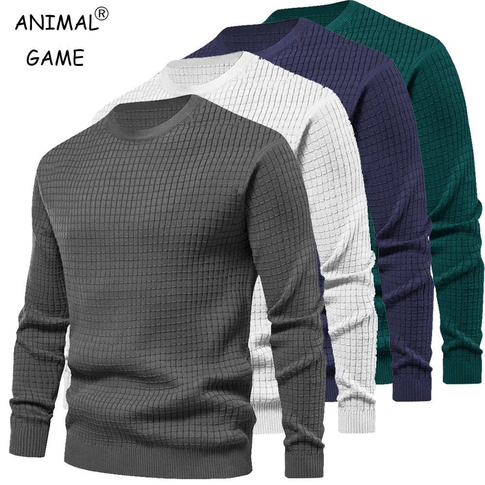Men's crew neck sweatshirt in gray, white, navy and green - solid color cotton blend pullover, group front view showing all color variants