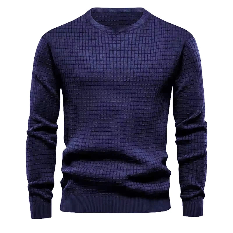 Men's crew neck sweatshirt in navy blue with geometric textured knit pattern - solid color cotton blend pullover, front view