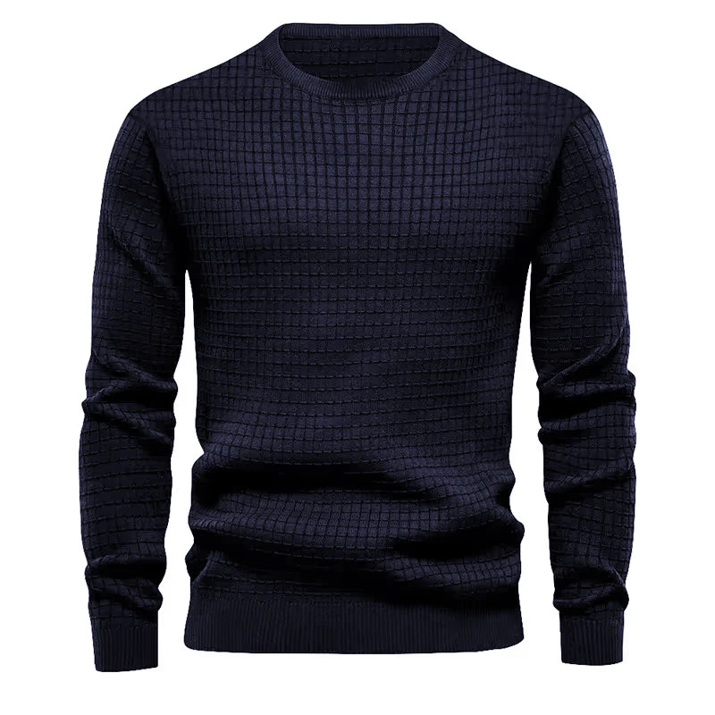 Men's crew neck sweatshirt in navy blue with geometric textured knit pattern - solid color cotton blend pullover, front view