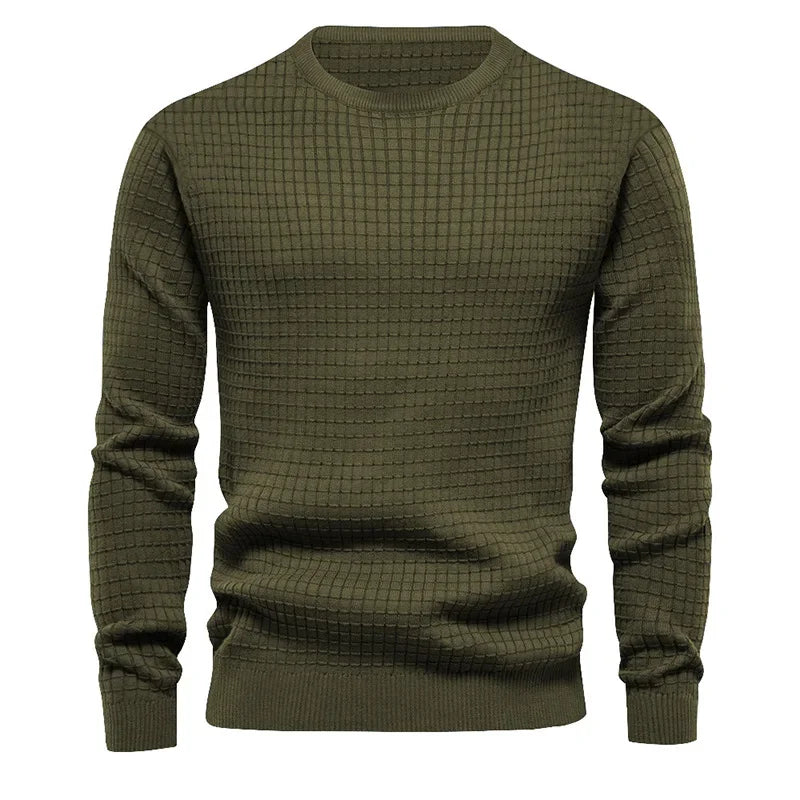 Men's crew neck sweatshirt in olive green with geometric textured knit pattern - solid color cotton blend pullover, front view