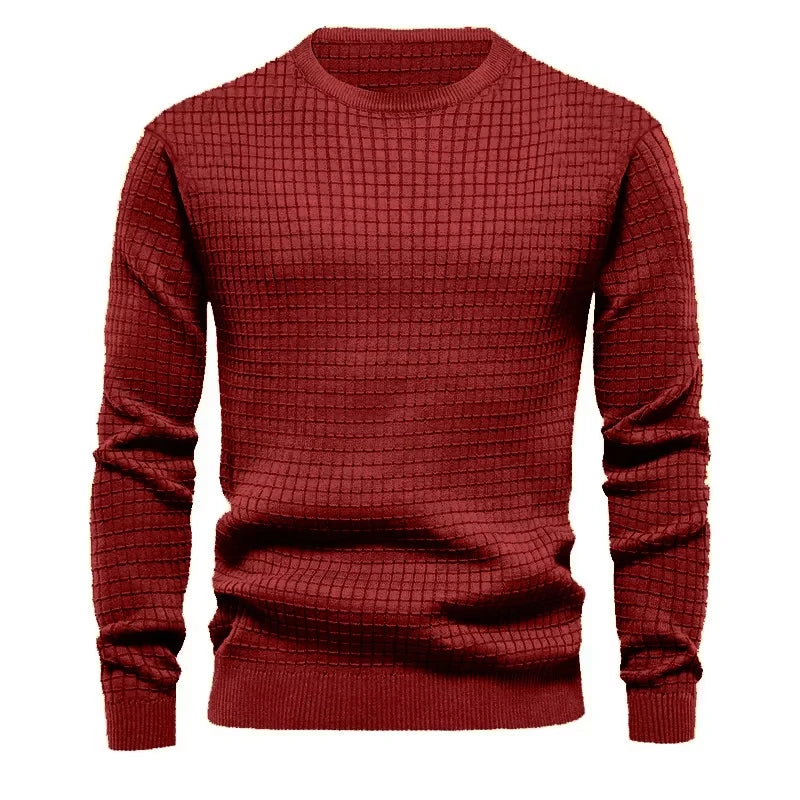 Men's crew neck sweatshirt in red with geometric textured knit pattern - solid color cotton blend pullover, front view
