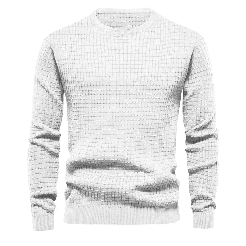 Men's crew neck sweatshirt in white with geometric textured knit pattern - solid color cotton blend pullover, front view