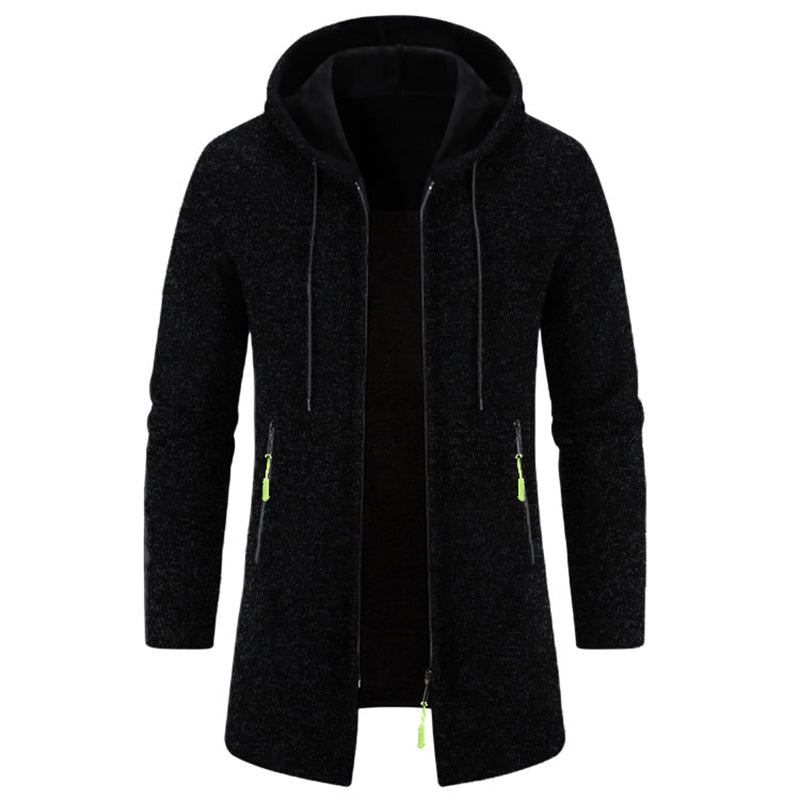 Men's full-zip hoodie in black - long sleeve polyester sweatshirt with hood and side pockets, front view