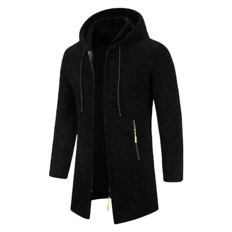 Men's full-zip hoodie in black with hood and side pockets - long sleeve polyester sweatshirt, front view