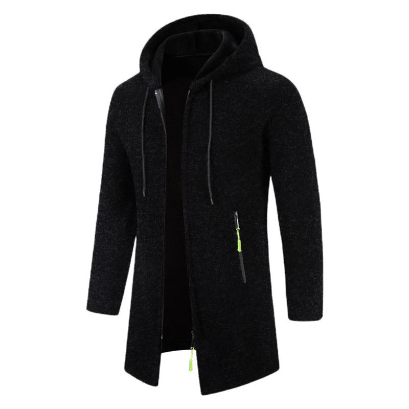 Men's full-zip hoodie in black - long sleeve polyester sweatshirt with hood and side pocket, side view