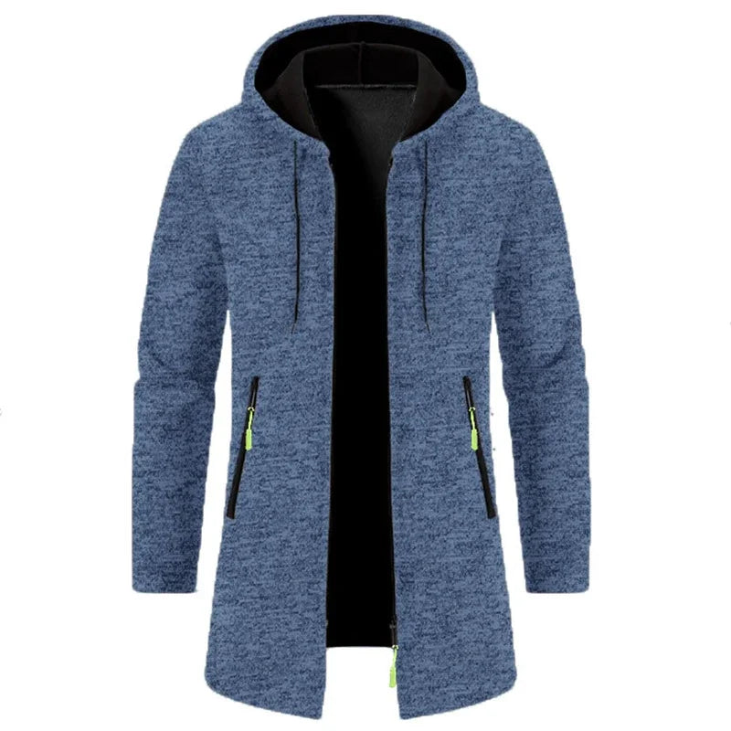Men's full-zip hoodie in blue - long sleeve polyester sweatshirt with hood and side pockets, front view
