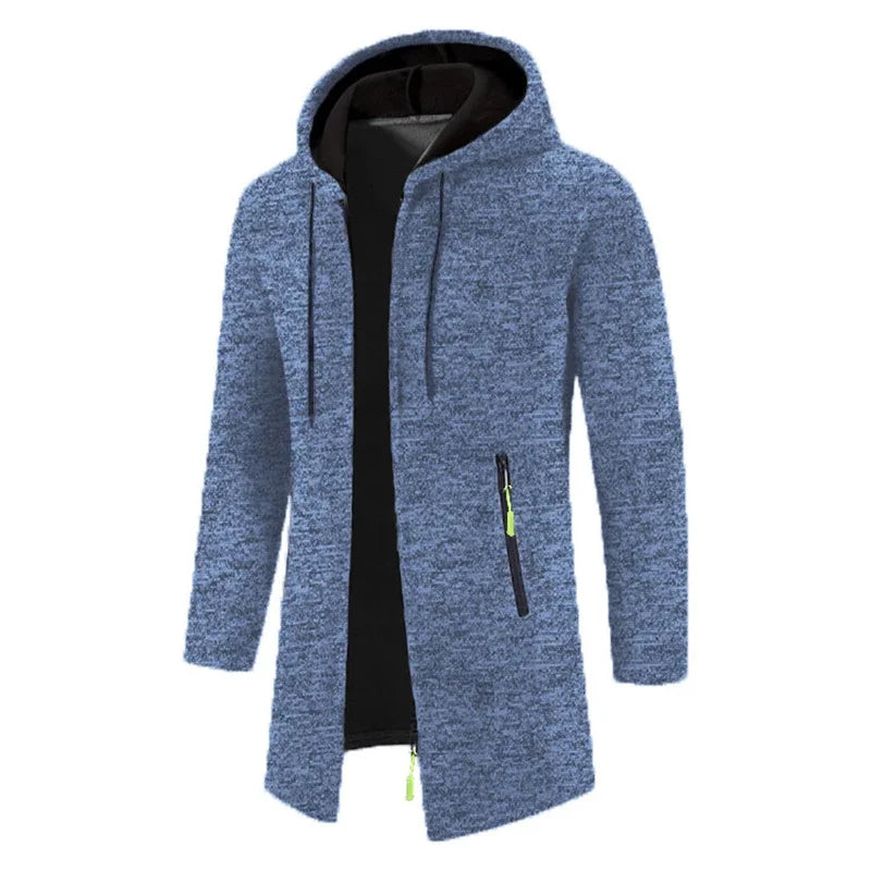 Men's full-zip hoodie in blue heathered fabric with hood, side pockets and yellow accent zipper - long sleeve polyester sweatshirt, front view