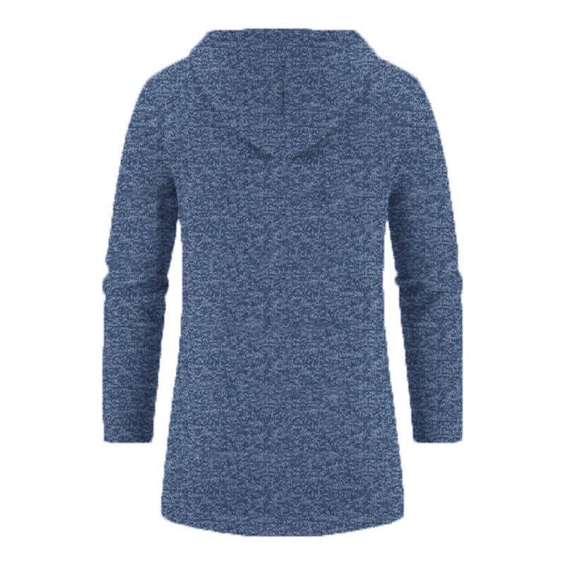Men's full-zip hoodie in blue textured fabric with hood - long sleeve polyester sweatshirt, back view