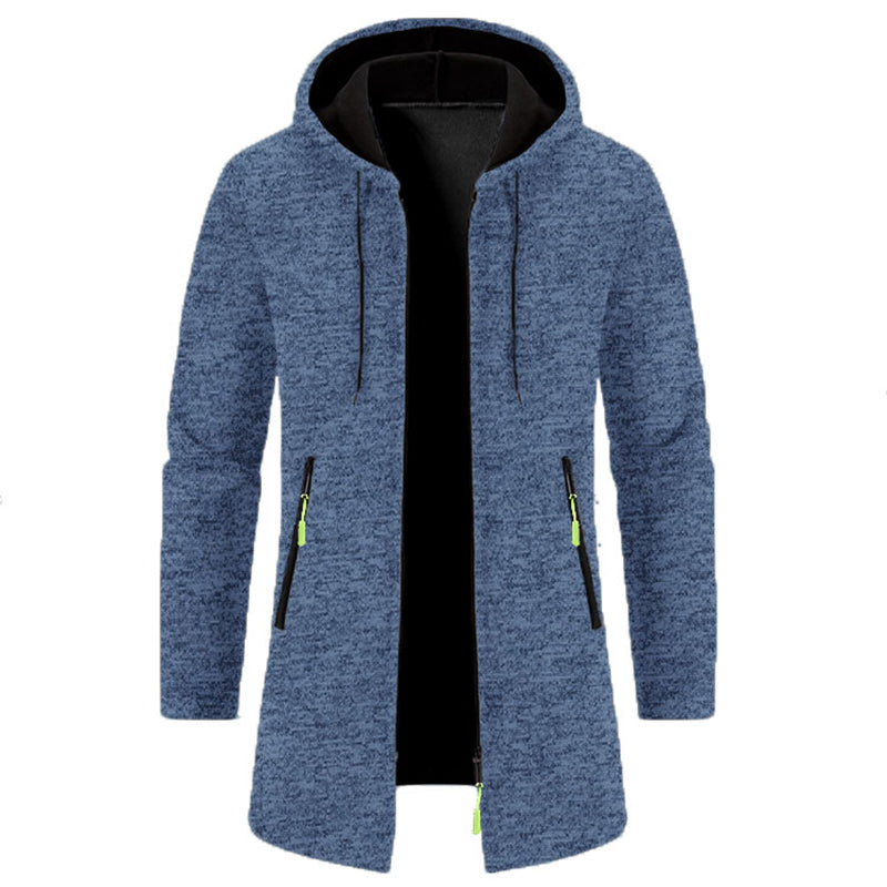 Men's full-zip hoodie in blue textured fabric with black hood and yellow accent zippers - long sleeve polyester sweatshirt, front view