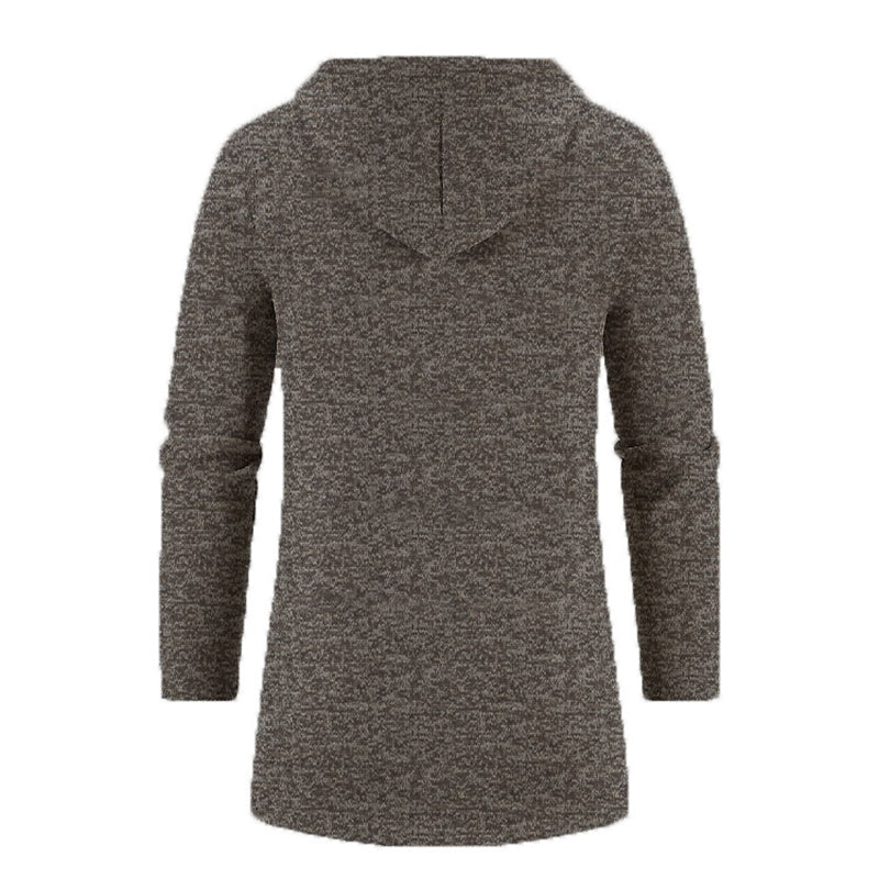 Men's full-zip hoodie in brown heathered fabric with hood - long sleeve polyester sweatshirt, back view