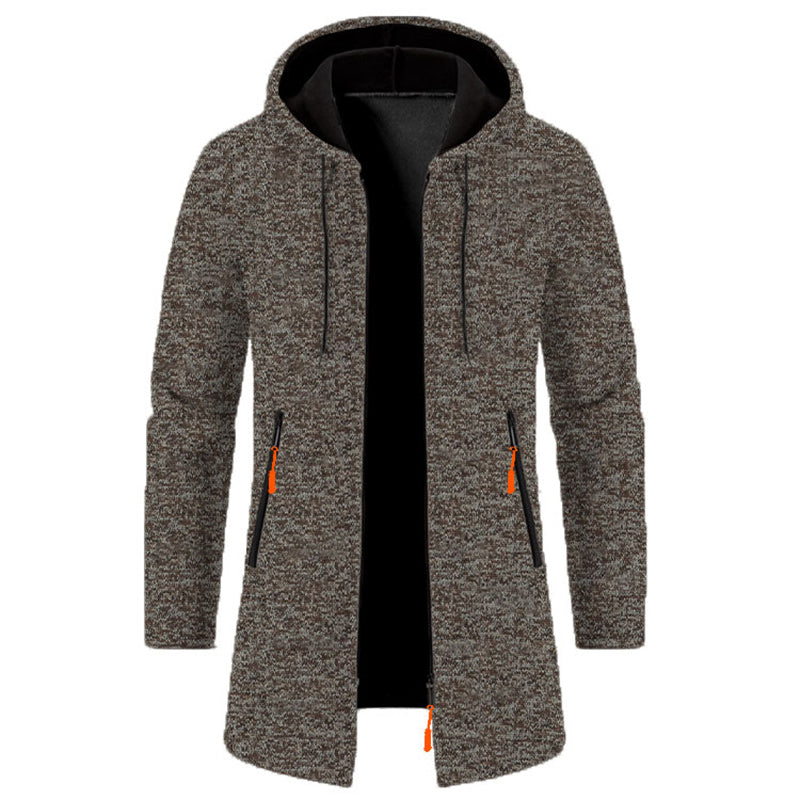 Men's full-zip hoodie in brown heathered fabric with black hood and orange accent zippers - long sleeve polyester sweatshirt, front view