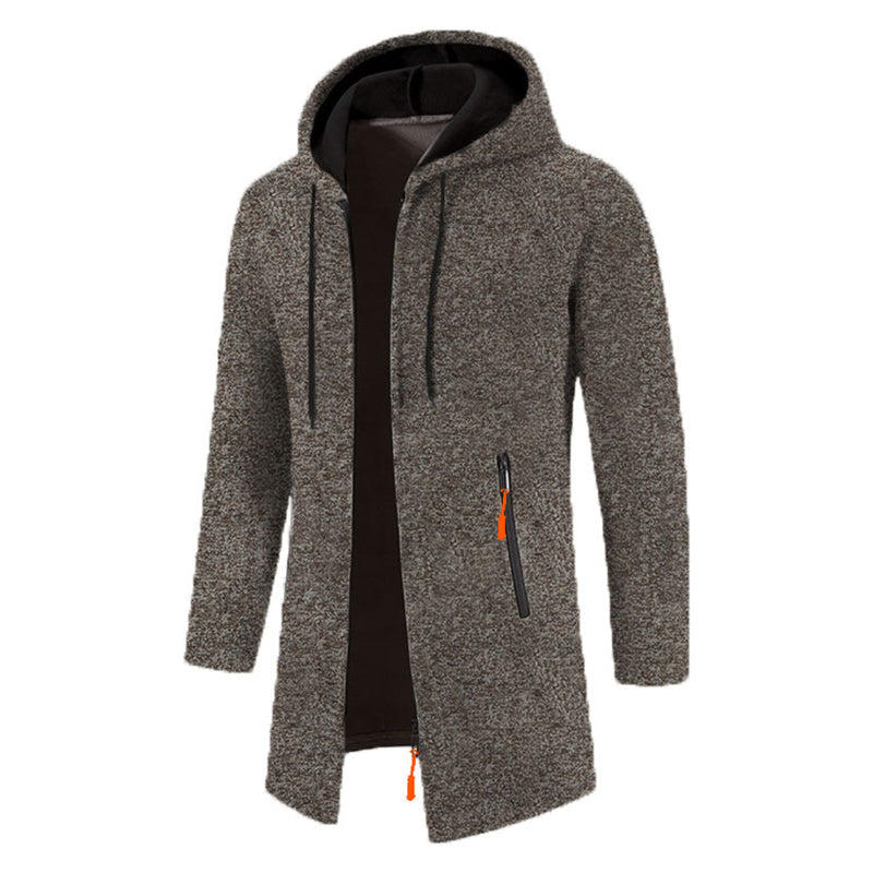 Men's full-zip hoodie in brown heathered fabric with black hood and orange accent zipper - long sleeve polyester sweatshirt, side view