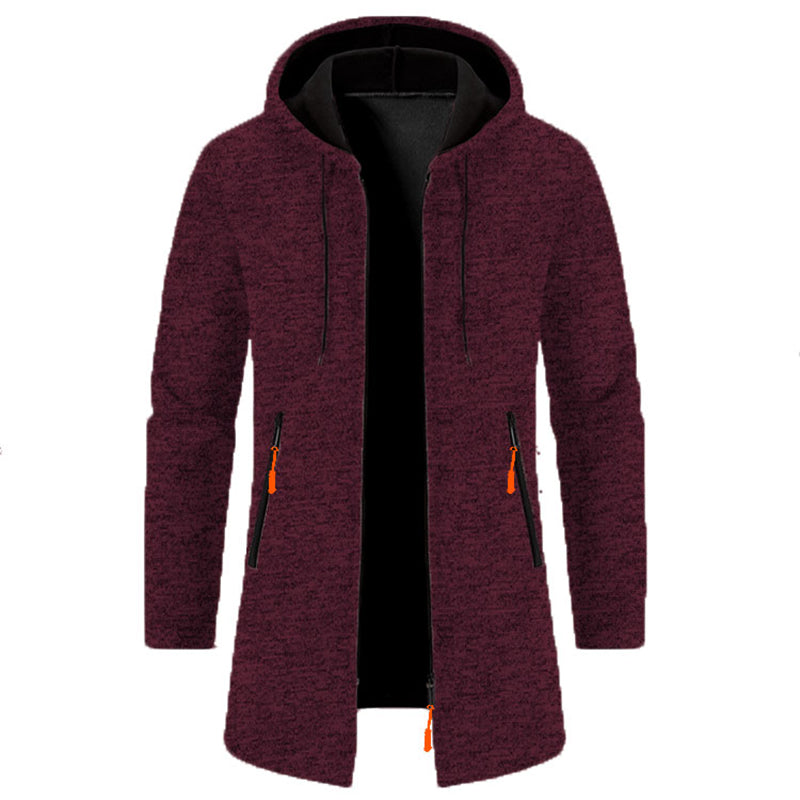 Men's full-zip hoodie in burgundy with black hood and orange accent zippers - long sleeve polyester sweatshirt, front view