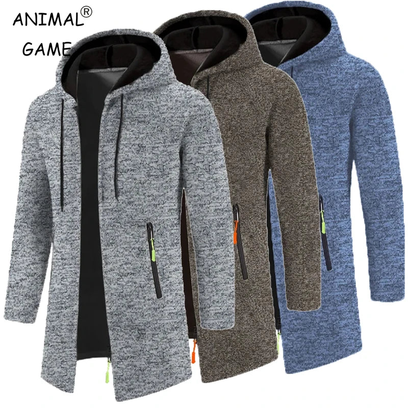 Men's full-zip hoodie in gray, brown, and blue colors - long sleeve polyester sweatshirt with hood, front view