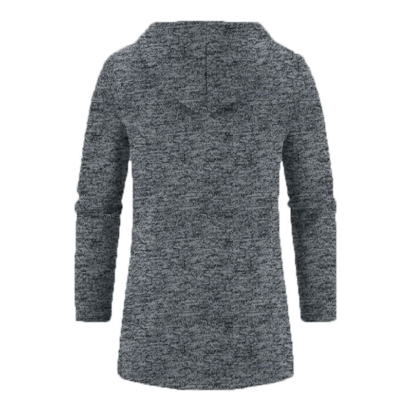 Men's full-zip hoodie in gray heathered fabric with hood - long sleeve polyester sweatshirt, back view