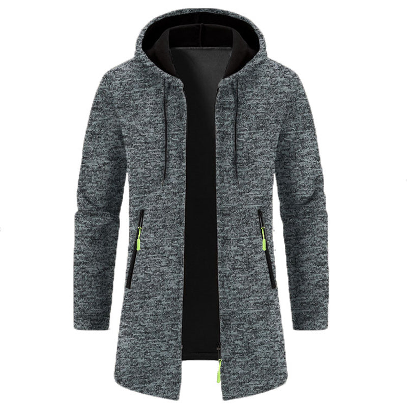 Men's full-zip hoodie in gray heathered fabric with black hood and yellow accent zippers - long sleeve polyester sweatshirt, front view