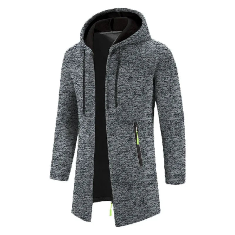 Men's full-zip hoodie in gray heathered fabric with hood, side pockets and yellow accent zipper - long sleeve polyester sweatshirt, front view