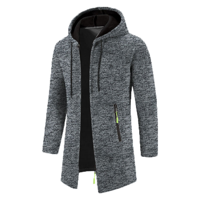 Men's full-zip hoodie in gray heathered fabric with black hood and yellow accent zipper - long sleeve polyester sweatshirt, side view