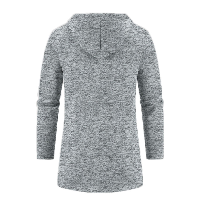 Men's full-zip hoodie in light gray heathered fabric with hood - long sleeve polyester sweatshirt, back view