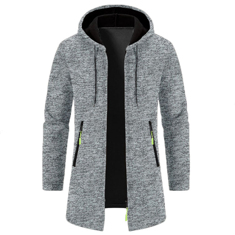Men's full-zip hoodie in light gray heathered fabric with black hood and yellow accent zippers - long sleeve polyester sweatshirt, front view