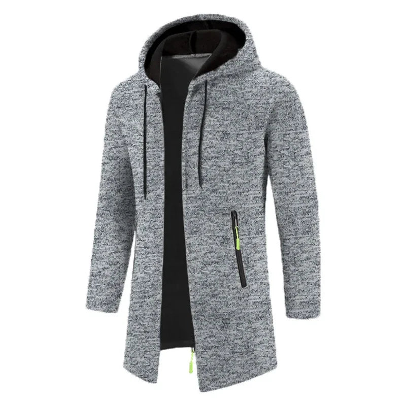 Men's full-zip hoodie in light gray heathered fabric with hood, side pockets and yellow accent zipper - long sleeve polyester sweatshirt, front view