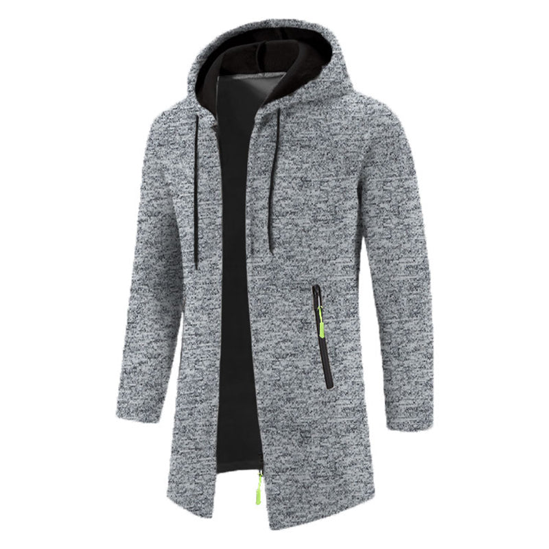 Men's full-zip hoodie in light gray heathered fabric with black hood and yellow accent zipper - long sleeve polyester sweatshirt, side view