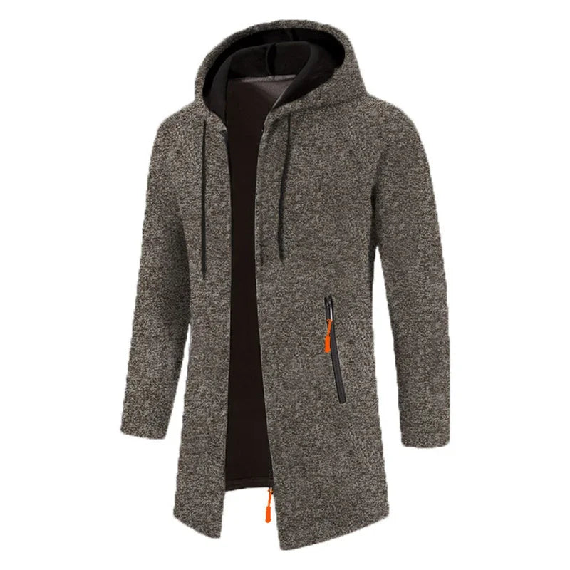 Men's full-zip hoodie in olive green textured fabric with brown hood and orange accent zipper - long sleeve polyester sweatshirt, front view