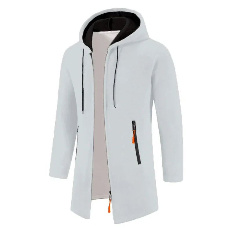 Men's full-zip hoodie in white with black hood and orange accent zipper - long sleeve polyester sweatshirt, front view