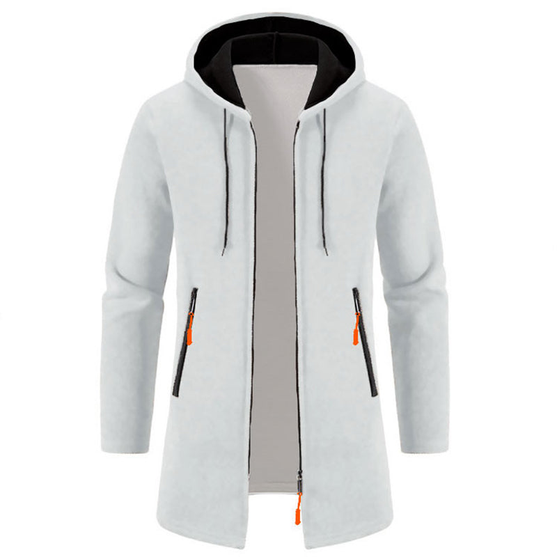 Men's full-zip hoodie in white with black hood and orange accent zippers - long sleeve polyester sweatshirt, front view
