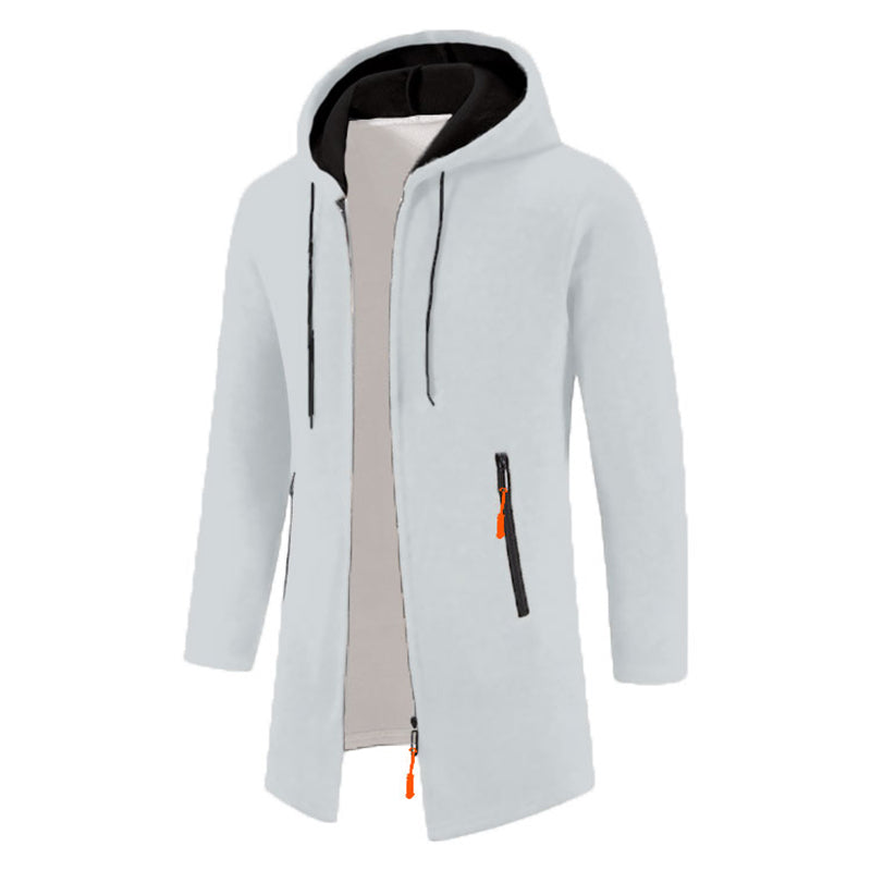 Men's full-zip hoodie in white with black hood and orange accent zipper - long sleeve polyester sweatshirt, side view