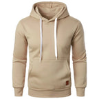 Men's lightweight beige drawstring pullover hoodie with kangaroo pocket, front side view on white background