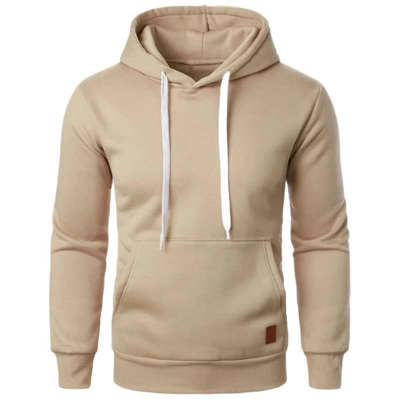 Men's lightweight beige drawstring pullover hoodie with kangaroo pocket, front side view on white background