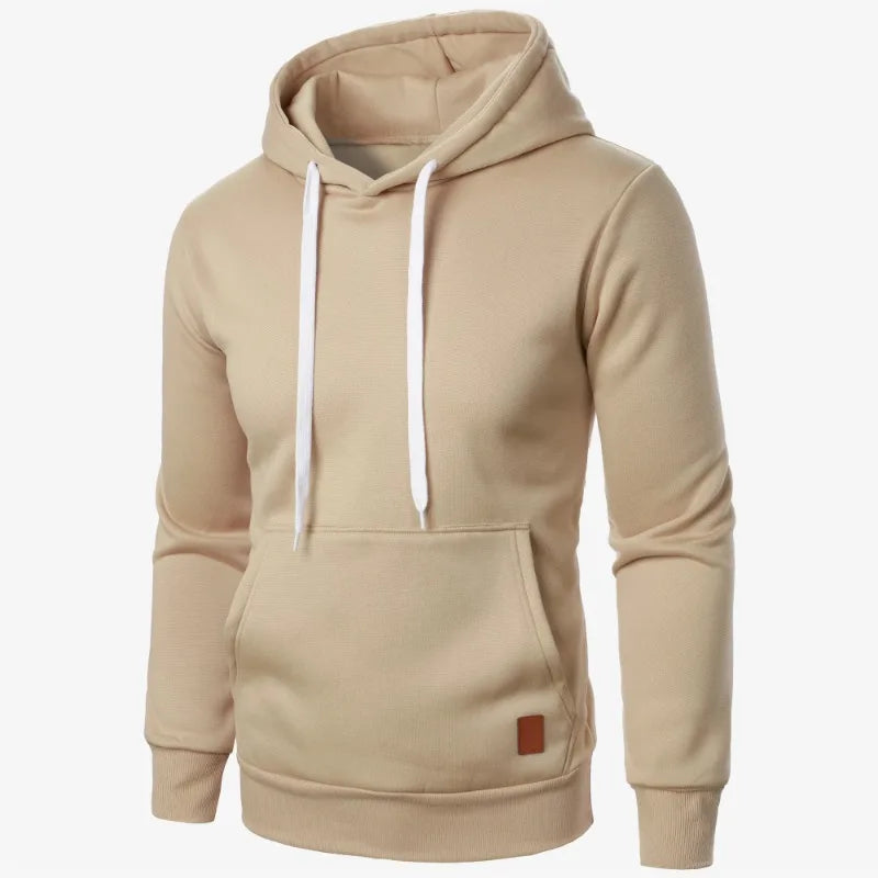 Men's lightweight beige drawstring pullover hoodie with kangaroo pocket and white drawstring, front view on white background