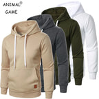 Men's lightweight drawstring pullover hoodies in beige, gray, olive green and white, group display front view