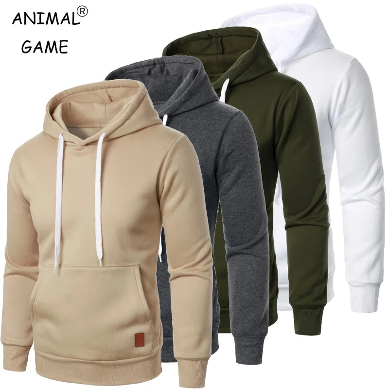 Men's lightweight drawstring pullover hoodies in beige, gray, olive green and white, group display front view
