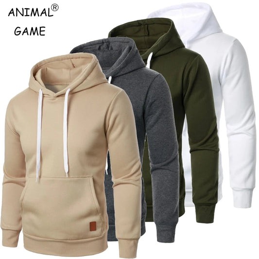 Men's lightweight drawstring pullover hoodies in beige, gray, olive green and white, group display front view