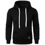 Men's lightweight black drawstring pullover hoodie with kangaroo pocket, front side view on white background