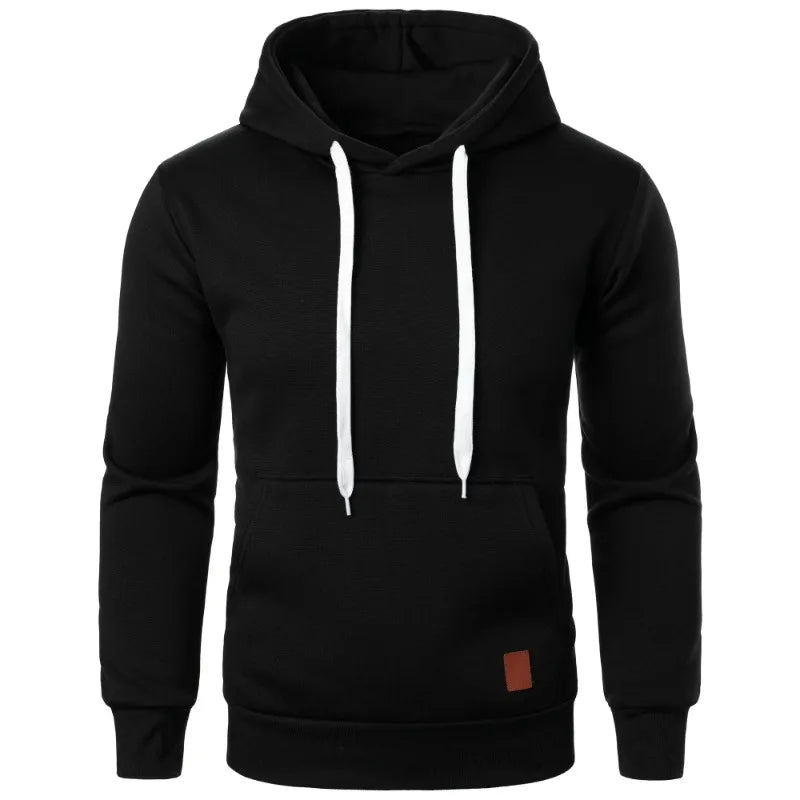 Men's lightweight black drawstring pullover hoodie with kangaroo pocket, front side view on white background