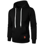 Men's lightweight black drawstring pullover hoodie with kangaroo pocket and white drawstring, front view on white background