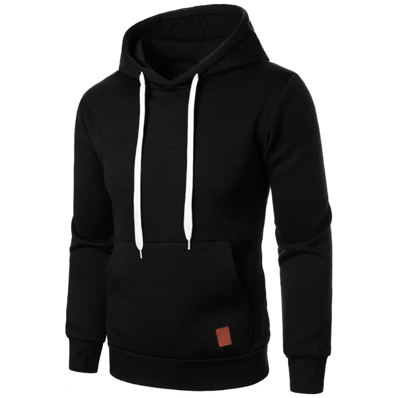 Men's lightweight black drawstring pullover hoodie with kangaroo pocket and white drawstring, front view on white background