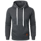 Men's lightweight charcoal gray drawstring pullover hoodie with kangaroo pocket and white drawstring, front view on white background