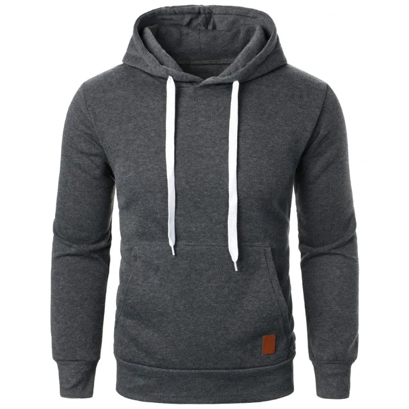 Men's lightweight charcoal gray drawstring pullover hoodie with kangaroo pocket and white drawstring, front view on white background