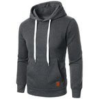 Men's lightweight dark gray drawstring pullover hoodie with kangaroo pocket and white drawstring, front view on white background