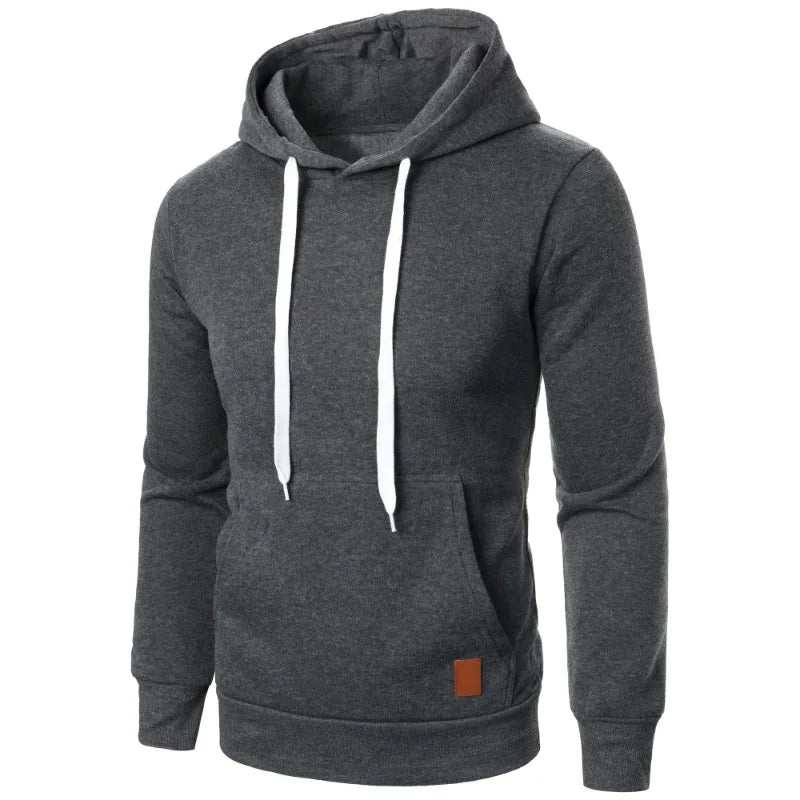 Men's lightweight dark gray drawstring pullover hoodie with kangaroo pocket and white drawstring, front view on white background
