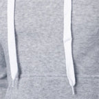 Closeup of white drawstring detail on men's lightweight light gray pullover hoodie showing fabric texture and stitching