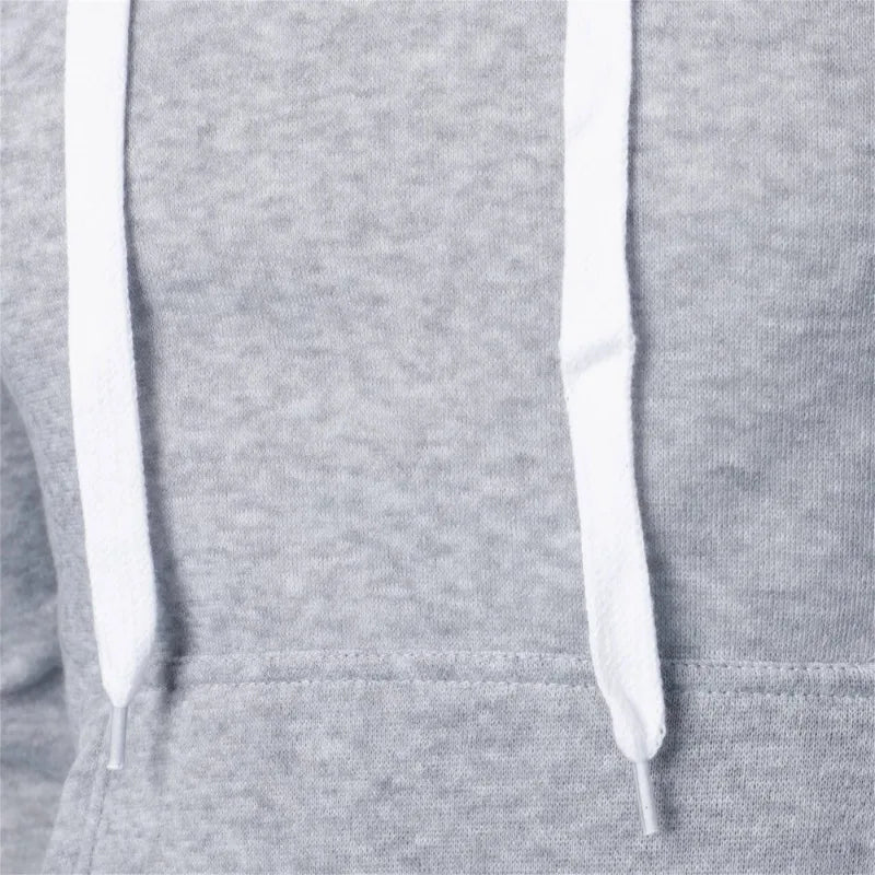 Closeup of white drawstring detail on men's lightweight light gray pullover hoodie showing fabric texture and stitching