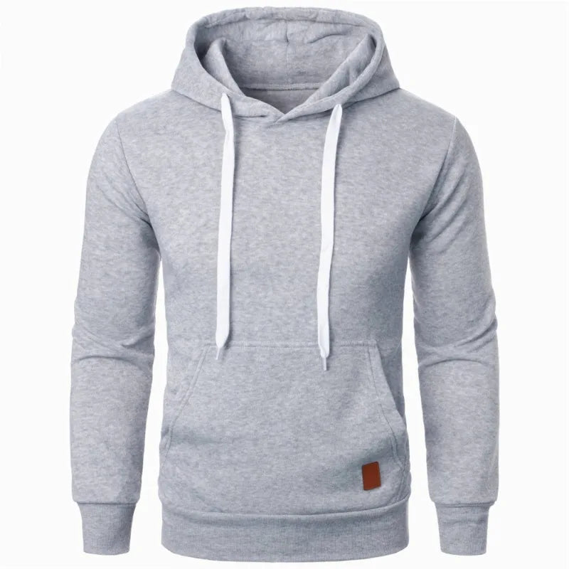 Men's lightweight light gray drawstring pullover hoodie with kangaroo pocket and white drawstring, front view on white background