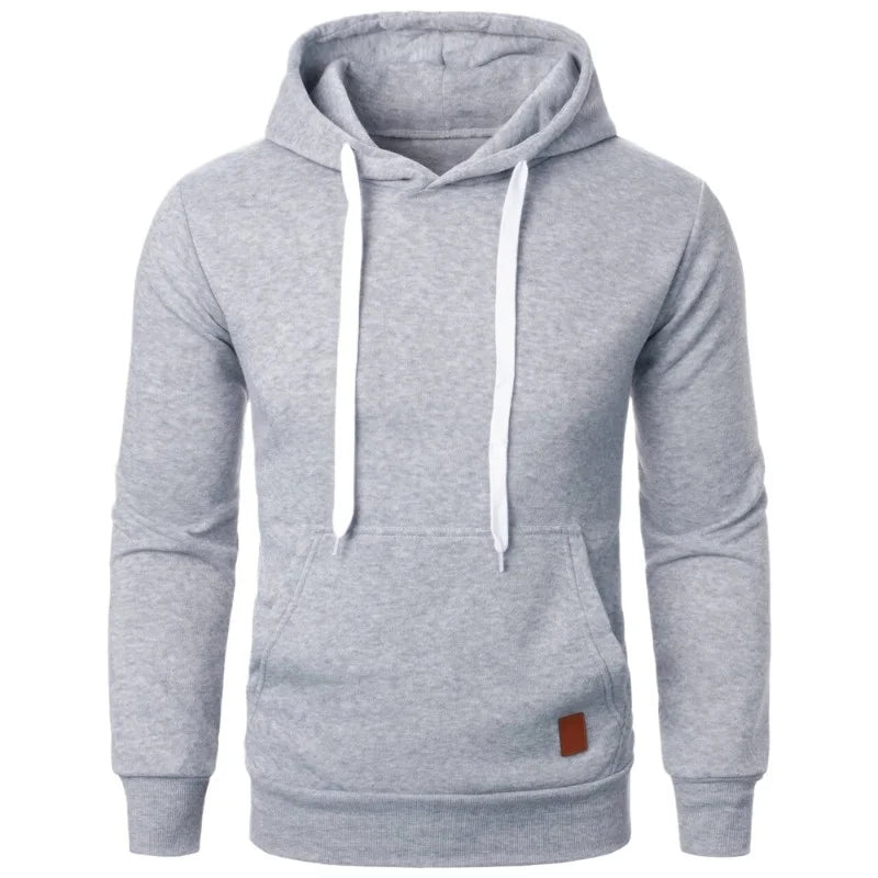 Men's lightweight light gray melange drawstring pullover hoodie with kangaroo pocket, front side view on white background