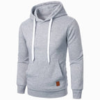 Men's lightweight light gray melange drawstring pullover hoodie with kangaroo pocket and white drawstring, front view on white background