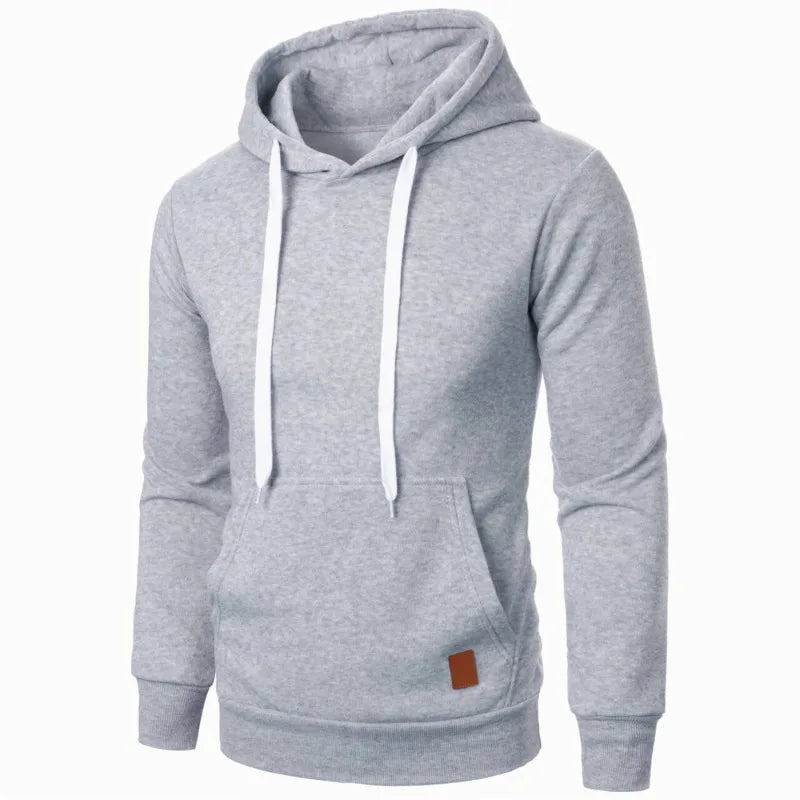 Men's lightweight light gray melange drawstring pullover hoodie with kangaroo pocket and white drawstring, front view on white background